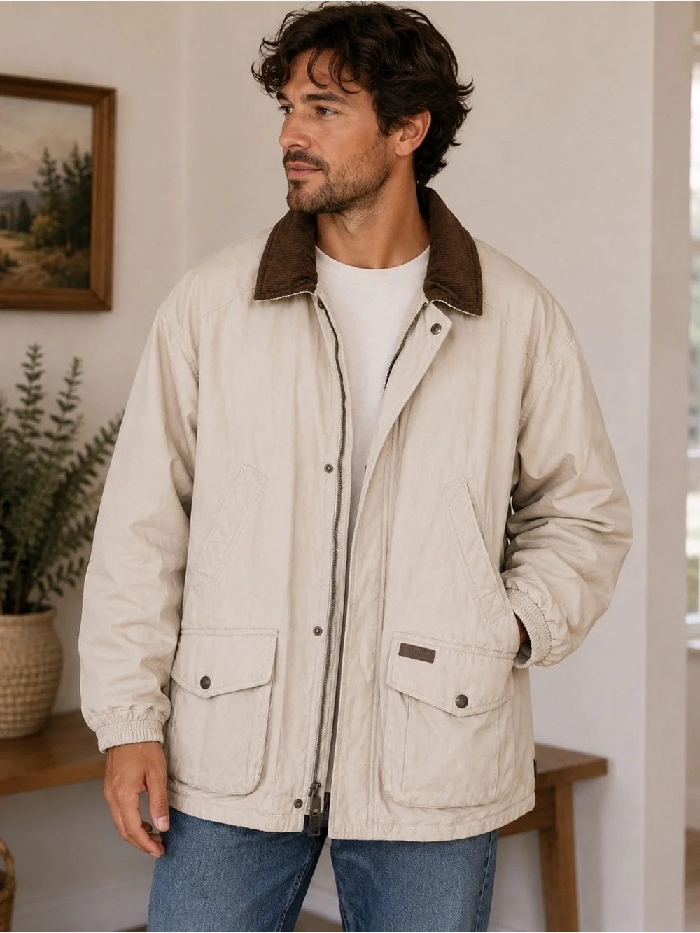 Pacific Trail Men’s Cream Jacket with Brown Corduroy Collar Size XL